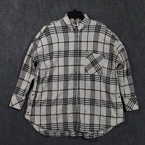 Free People Shirt Womens Small White Black Plaid Button Front Textured Oversized